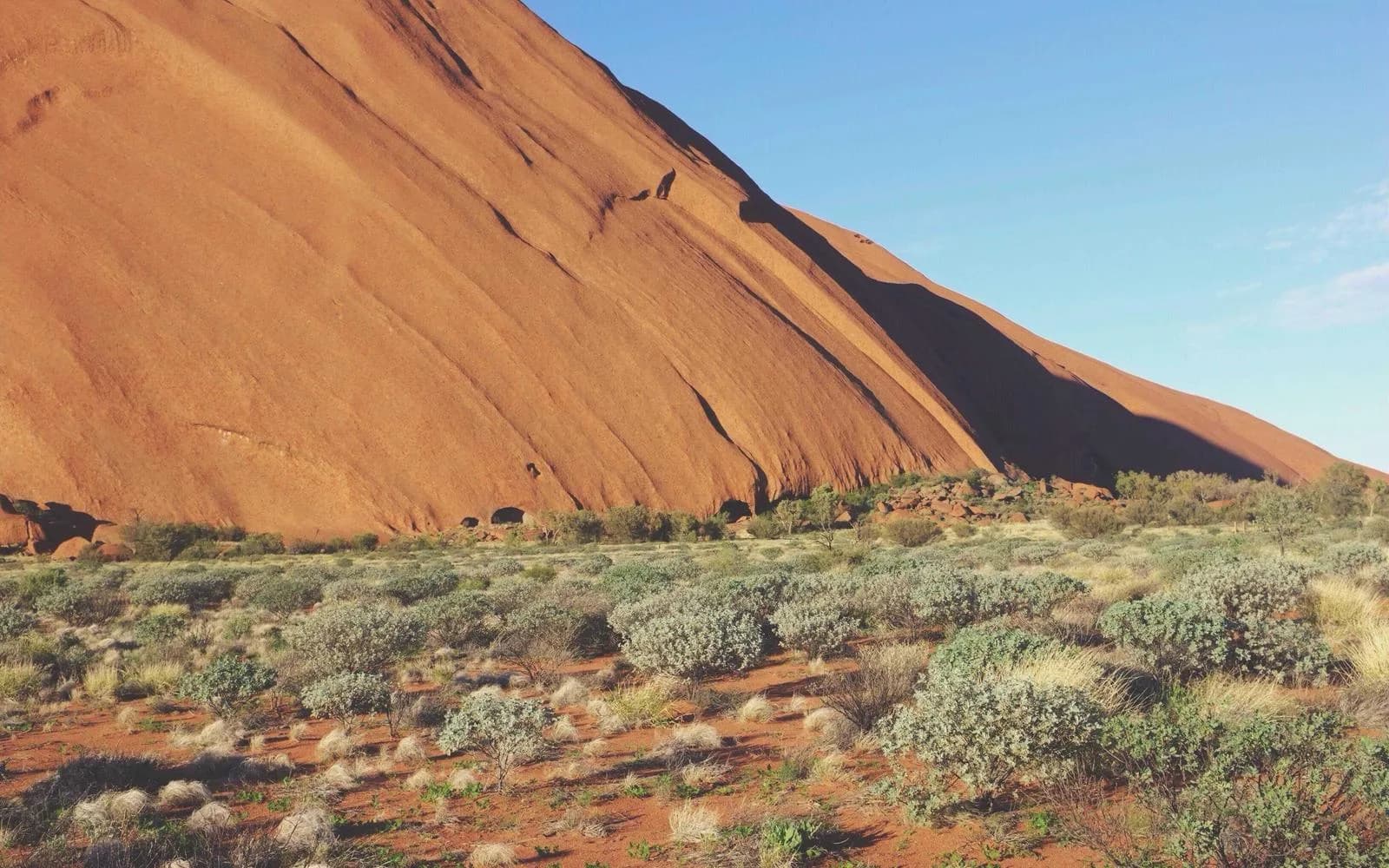 A large red sandstone rock formation rising above scrubland
